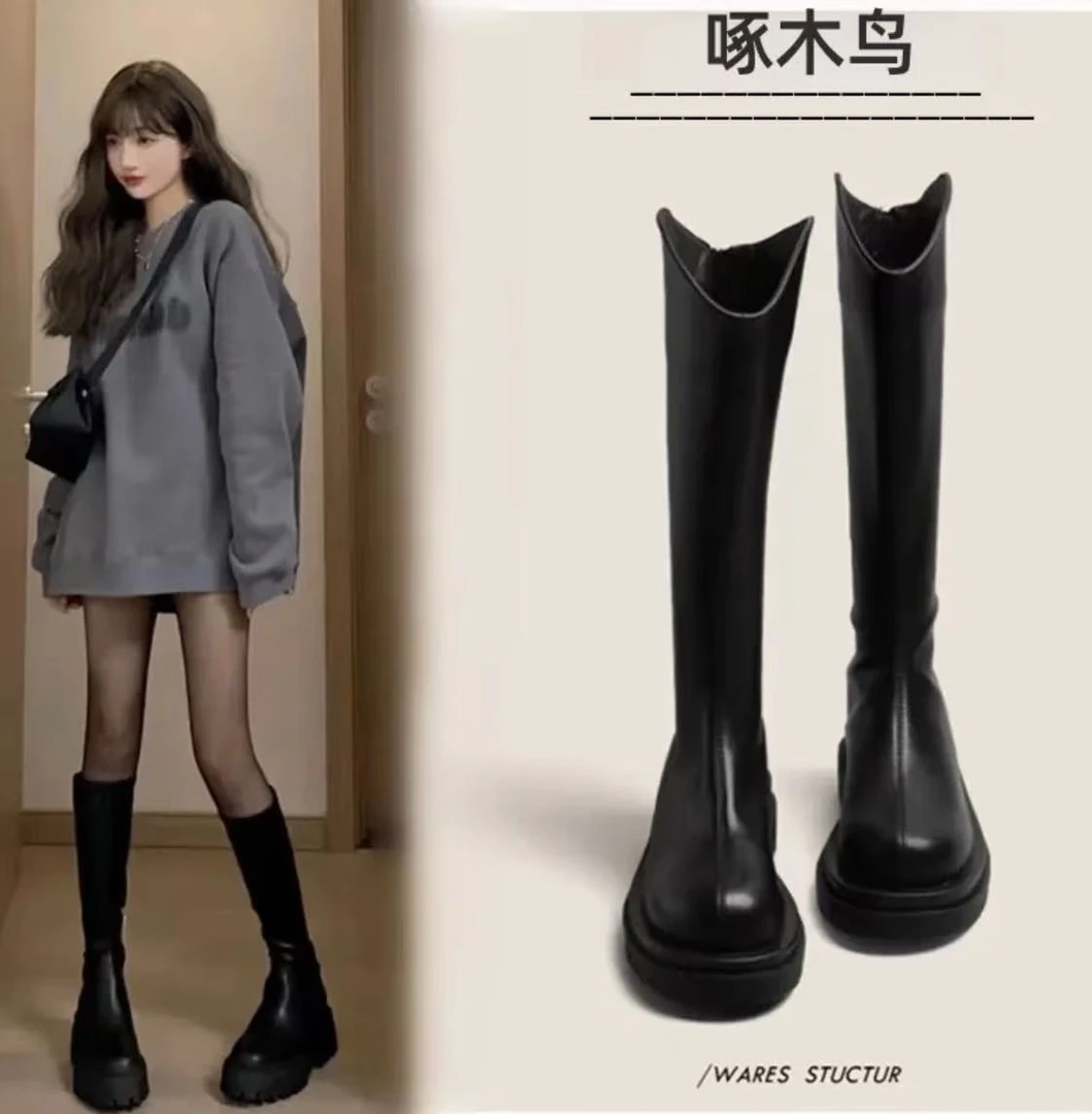 啄木鸟露思同款厚底5CM长筒靴女靴胖mm粗腿大筒围加宽微胖V口长靴