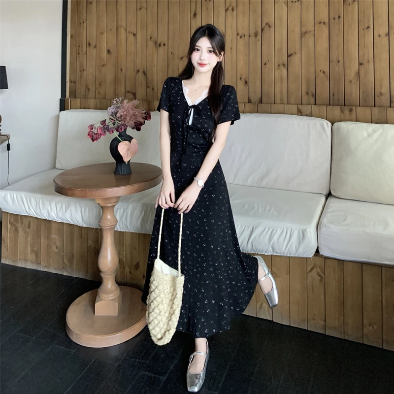 大码新款法式绝美蕾丝花边碎花连衣裙子女夏季高级感气质鱼尾长裙