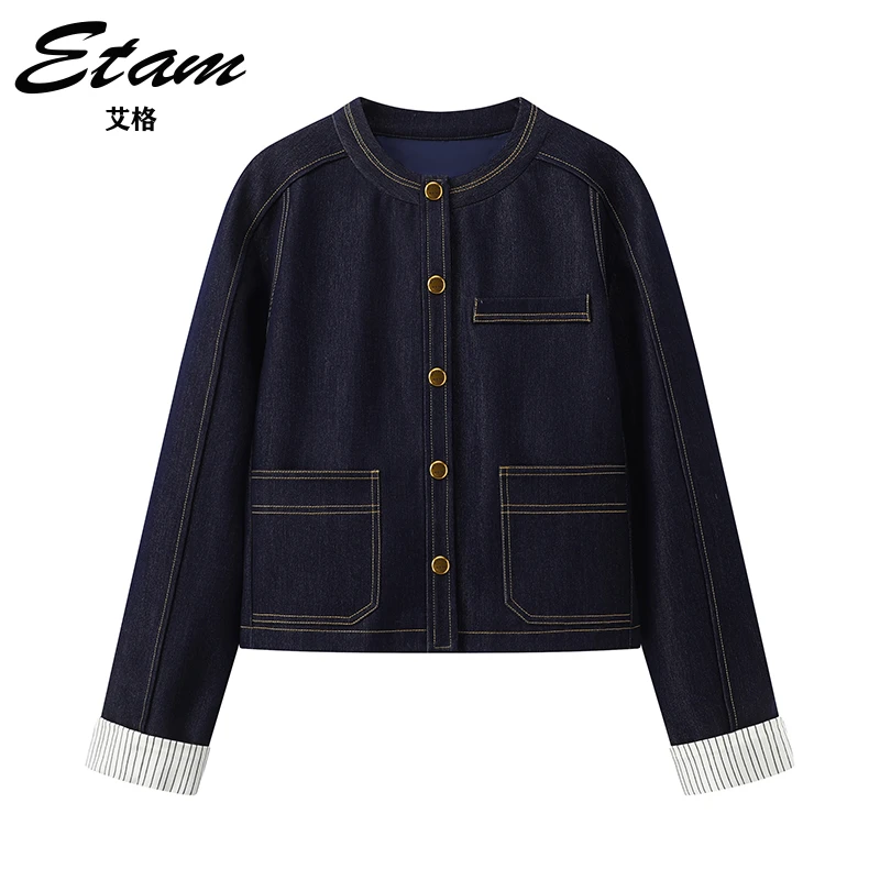 Etam/艾格复古港风仿牛仔外套2025秋季新款小个子短款假口袋上衣