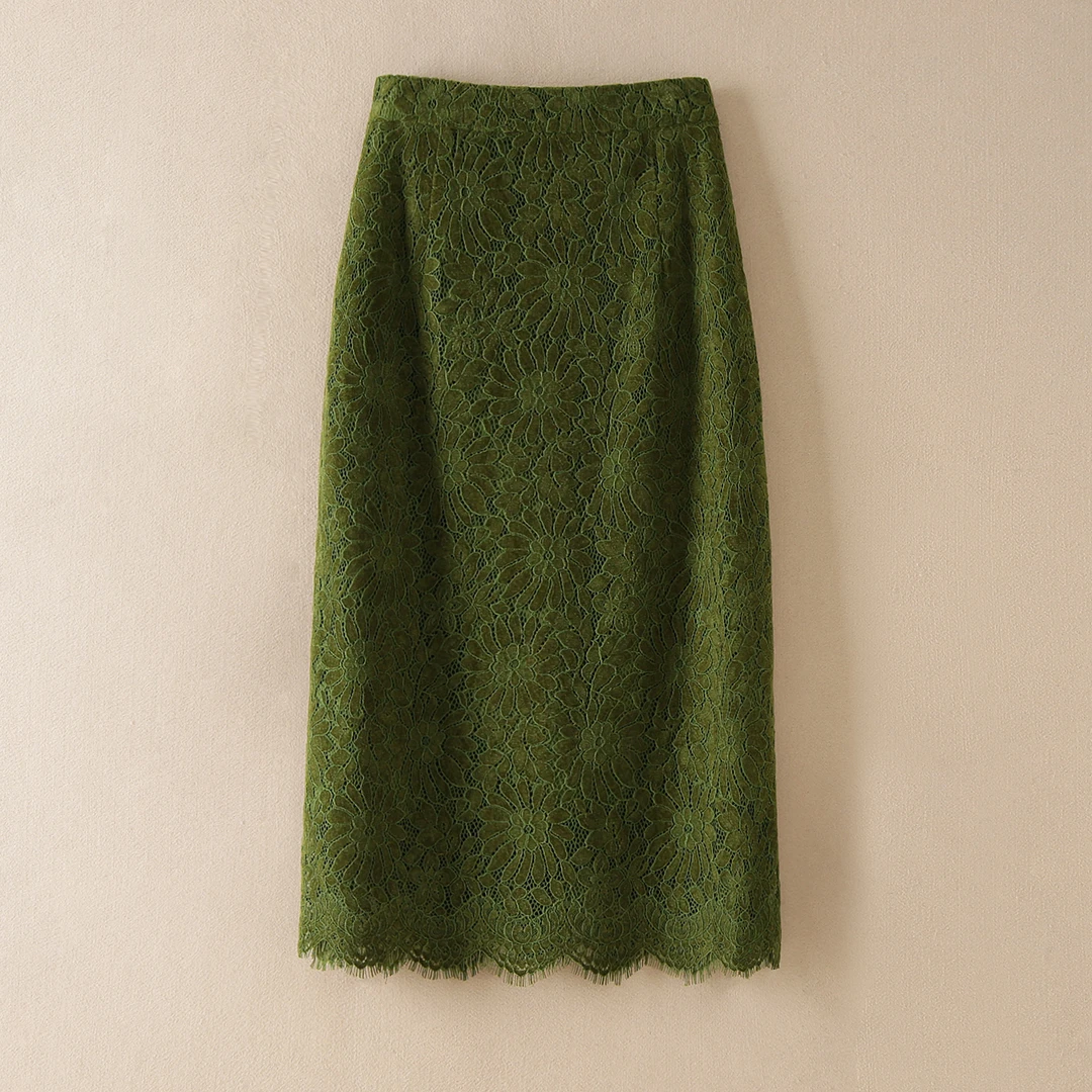 蕾丝半身裙秋季中长款高级感钩丝镂空开叉显瘦黑色女士一步裙