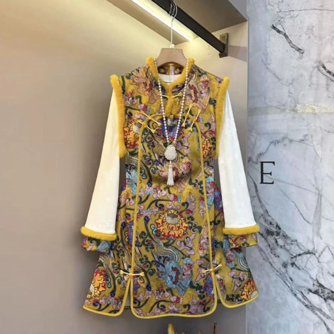 胖胖家*88058新款国风打底衫连衣马甲裙两件套