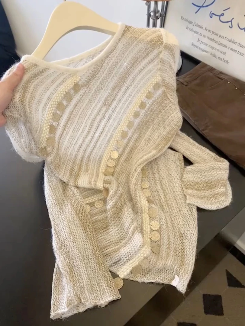 【现货】不规则设计感重工亮片圆领长袖针织衫女秋装巨好看宽松慵懒