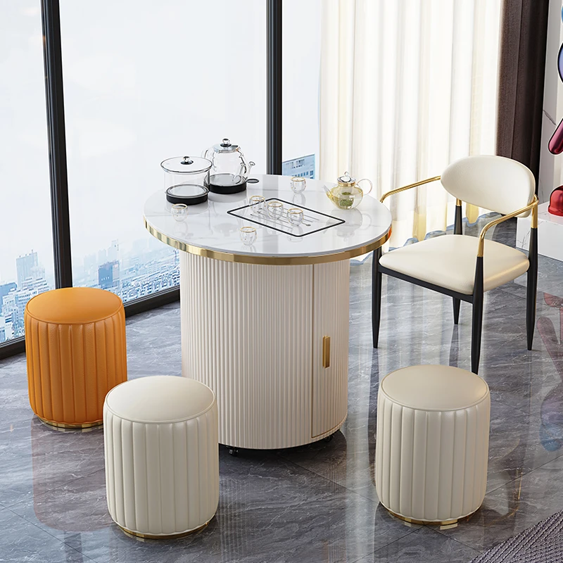 岩板阳台家用茶桌椅组合可移动轻奢小型泡茶台现代洽谈圆形喝茶桌