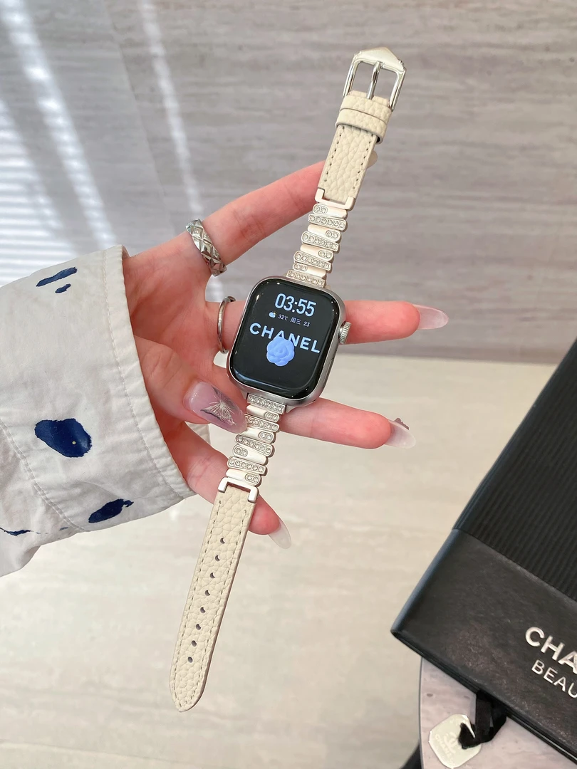 适用iwatchs11苹果手表瓜子钻拼皮牛皮红米6小米10真皮气质款表带