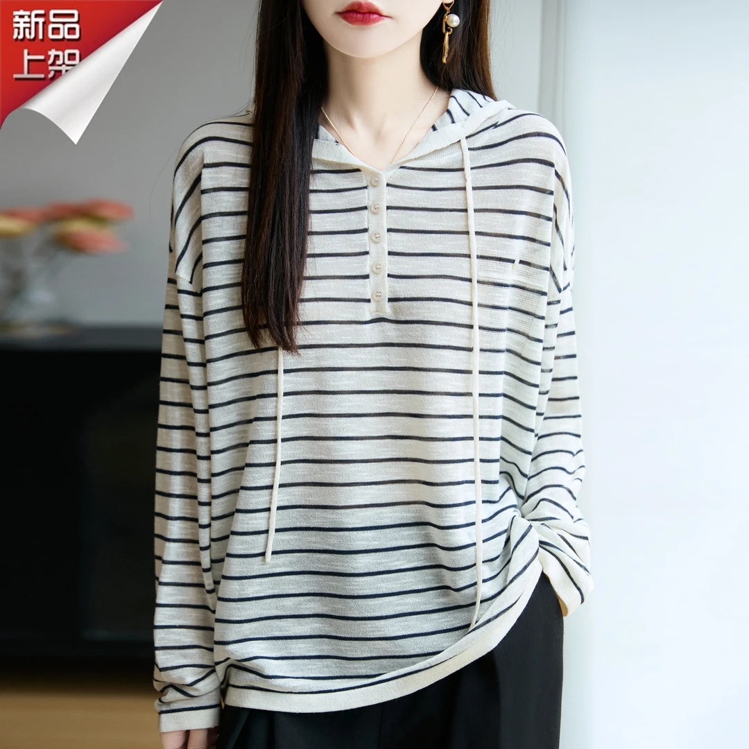 哥弟阿玛施正品秋季假日风条纹带扣帽衫宽松百搭时尚休闲针织上衣