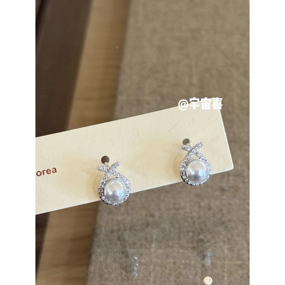 铜合金仿珍珠耳饰 I2-419【白锆小纽结贝珠耳扣】