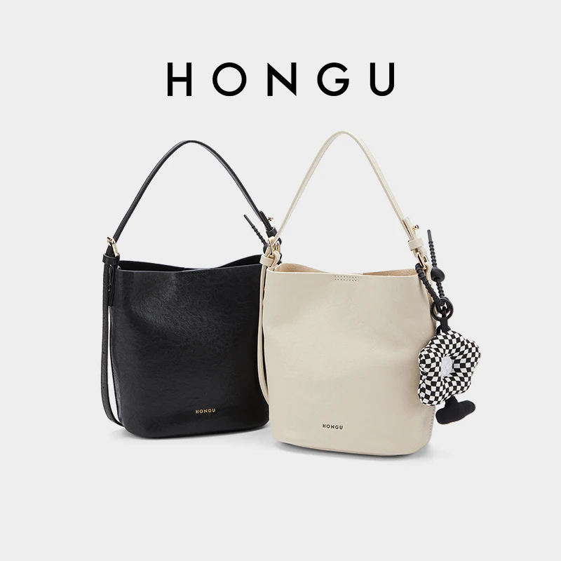 HONGU/红谷真皮简约水桶包百搭通勤女士单肩包休闲斜挎包女6994X