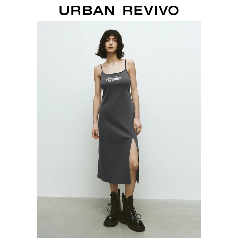 UR2025春季新款女装美式复古字母开衩吊带连衣裙UYY750037