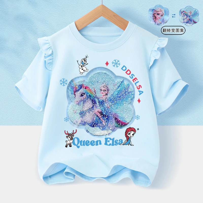 2025新款女童飞袖亮片变脸爱莎公主衣服纯棉短袖T恤洋气夏季半袖