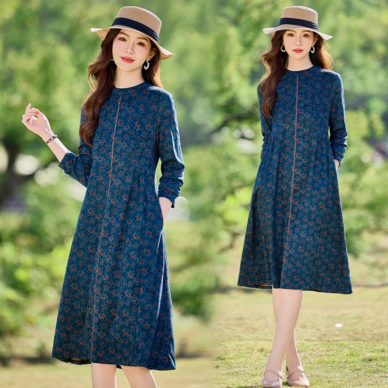 时尚碎花长袖连衣裙女2025秋季新款优雅宽松遮肚子显瘦中长款裙子