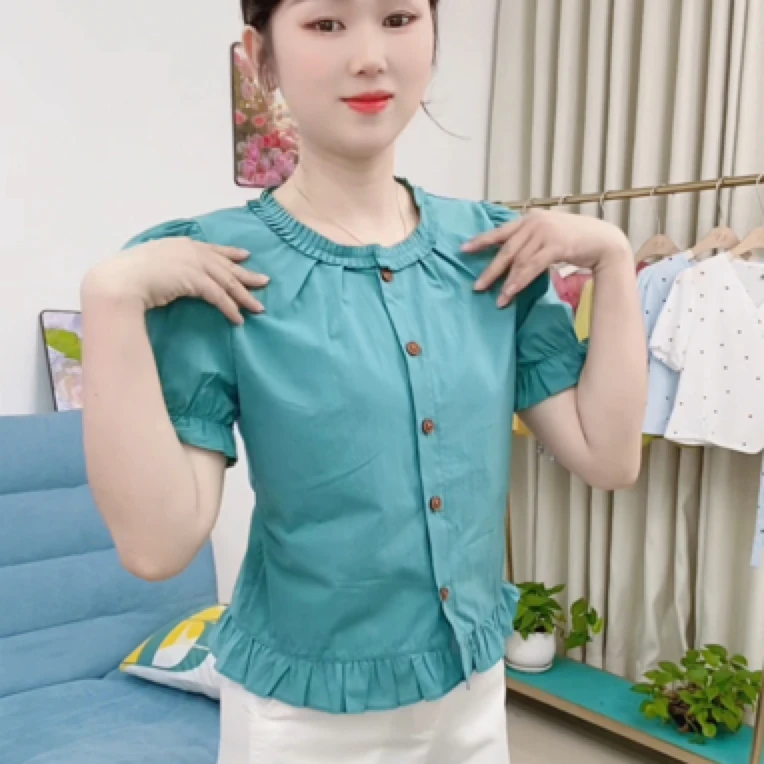 夏季新款法式木耳花边时尚气质百搭修身短袖衬衫减龄淑女上衣