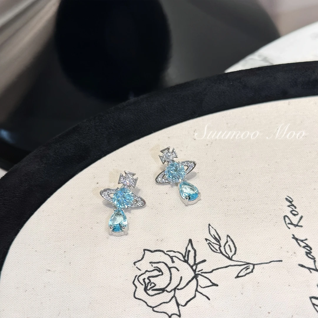 铜合金合成锆石耳饰 法式时尚蓝色星球耳环
