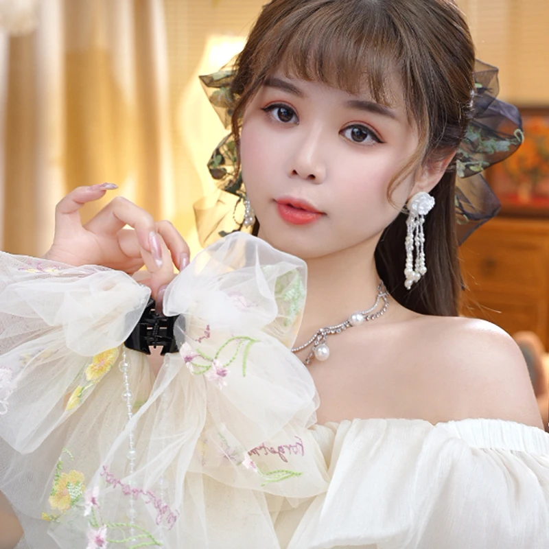 幻梦精灵韩系马尾夹重工刺绣花朵发夹浪漫氛围感流苏抓夹头饰发饰