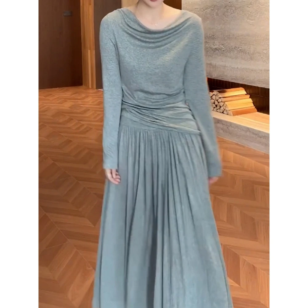 好看极简风简约纯色裙套装2025秋季新款慵懒百搭长袖上衣+半身裙