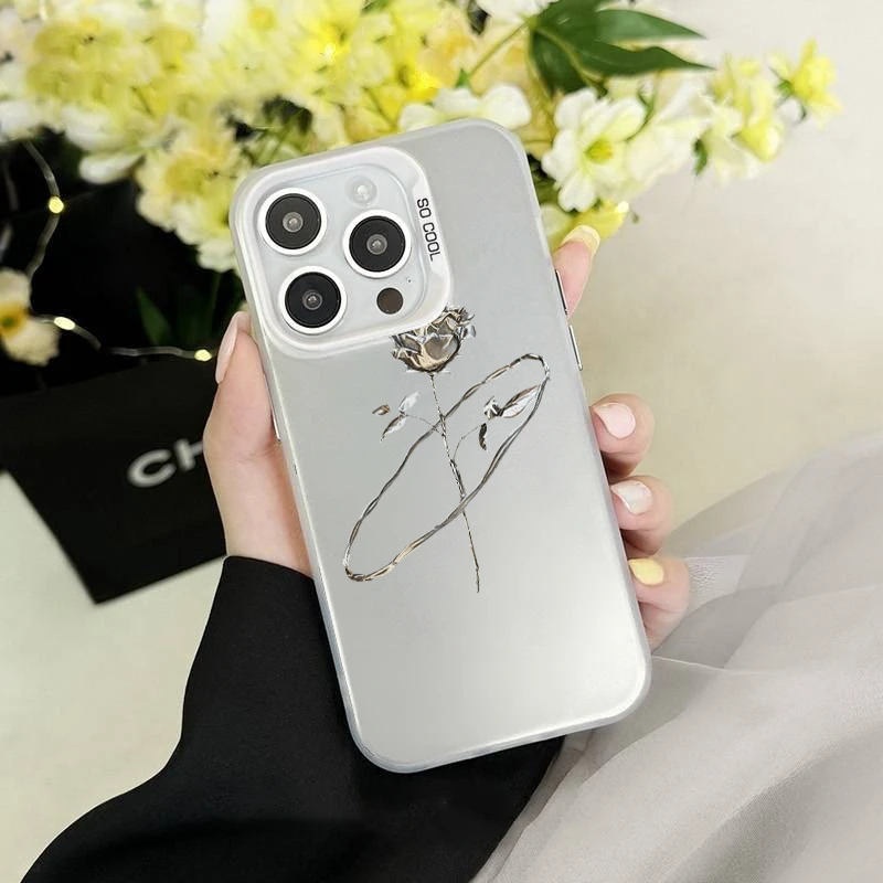 简约环圈玫瑰花彩银壳适用于iPhone苹果17手机壳华为oppo小米手机