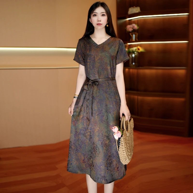 幽棕叠韵  新款中长款夏季时连衣裙百搭遮肉裙子