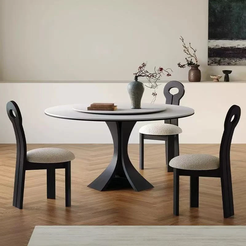 纯白岩板餐桌法式复古进口轻奢现代圆桌意式4-8人圆形实木餐桌