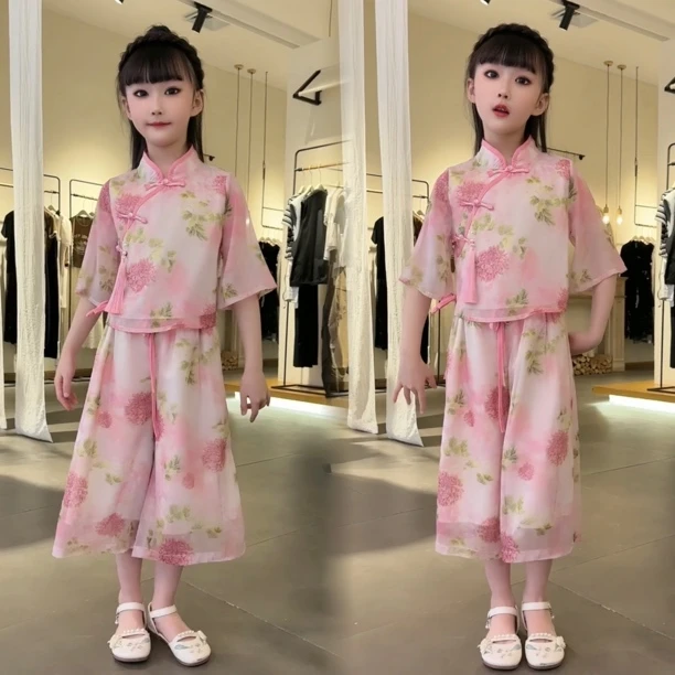 新品巴拉巴拉女童汉服短袖七分裤套装2025新款新中式上衣古风超仙