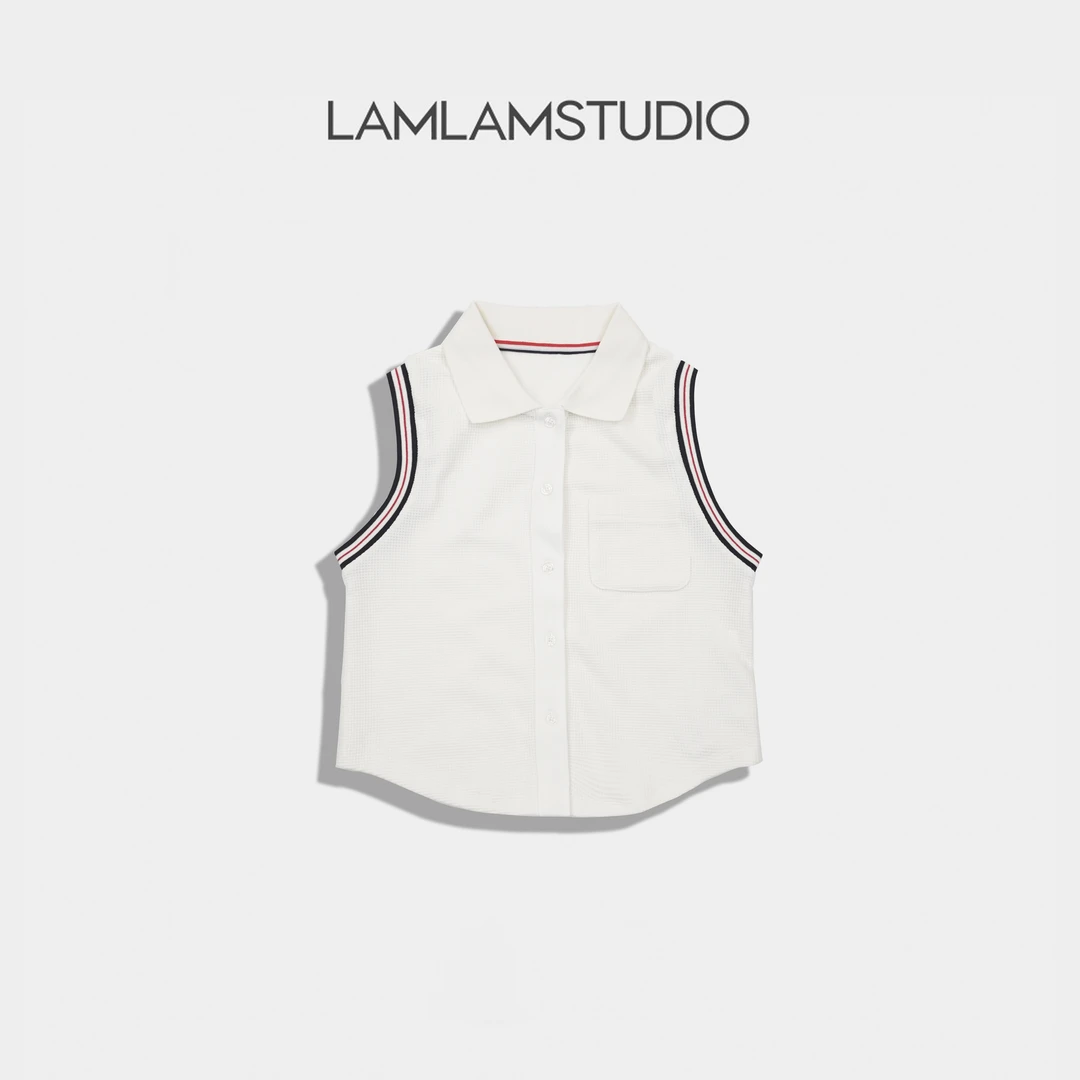 LAMLAM 张一琳“里约书店”条纹撞色马甲背心外穿翻领无袖上衣夏季