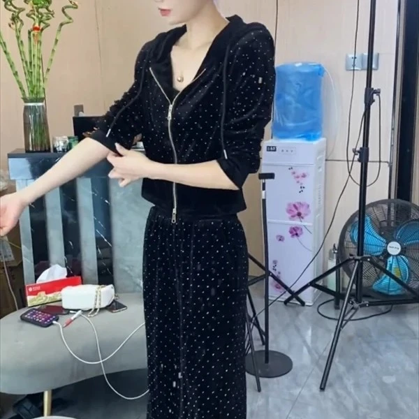 2025秋季新款时尚显瘦百搭减龄丝绒休闲连帽套装FJ91701