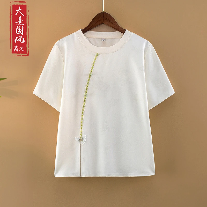 【舒蝶】夏季2025新款上衣小衫新中式国风女圆领撞色提花短袖T恤衫
