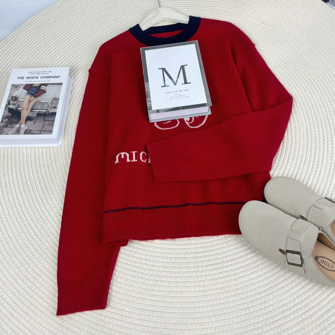 玲姐定制-撞色边卡通图案字母款长袖打底衫百搭针织毛衣268526