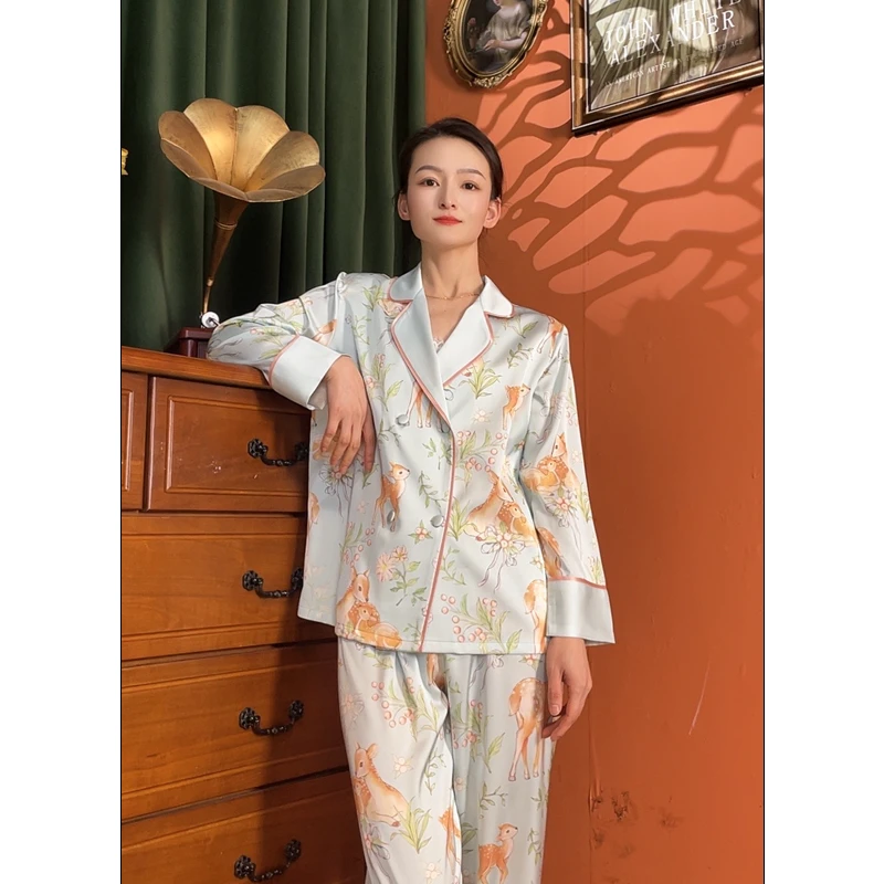 【一鹿平安】睡衣女春秋长袖新款高级薄款宽松提花冰丝家居服套装
