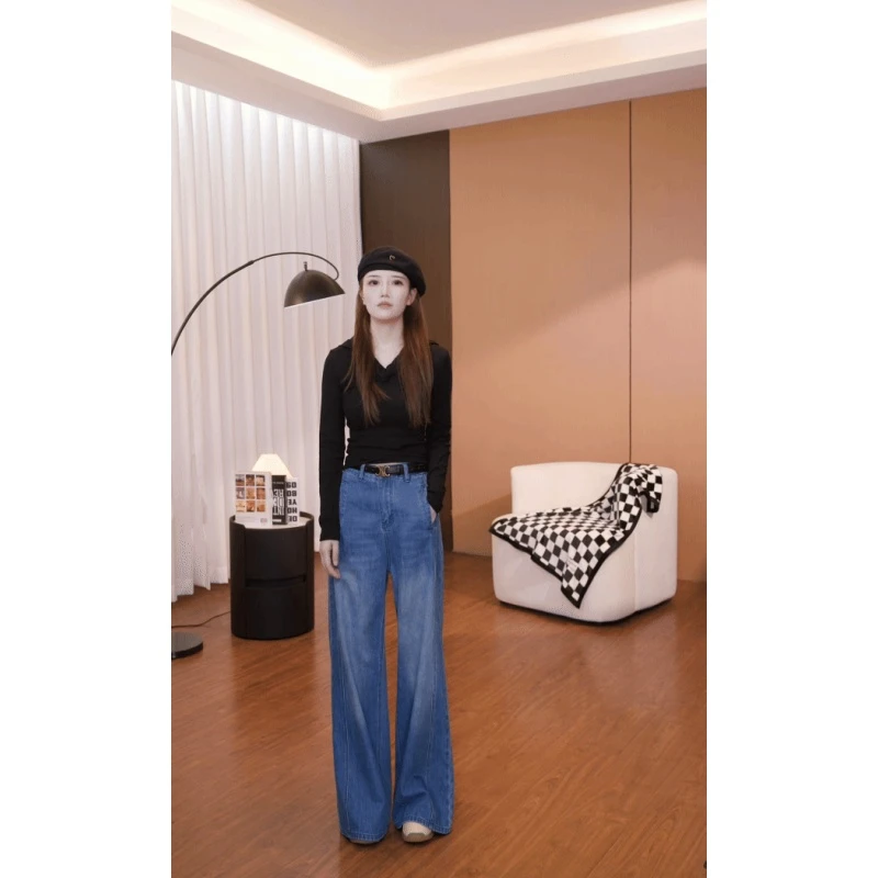 高腰蓝色宽松牛仔裤阔腿宽松2025年秋季新款时尚直筒拖地裤子