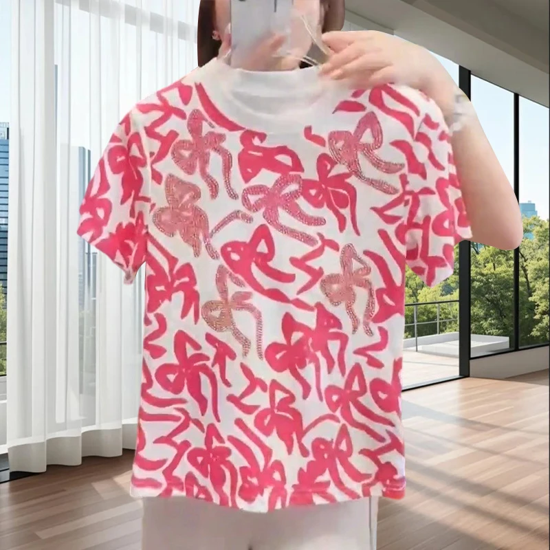 重工纯棉烫钻蝴蝶结短袖t恤女夏新款老钱风温婉大方衣服休闲上衣