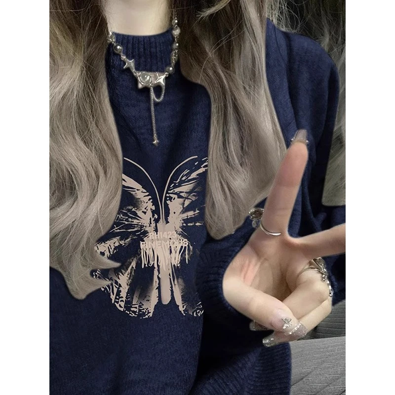 胖MM特大码300斤美式复古oversize藏蓝色毛衣女秋冬韩系针织上衣