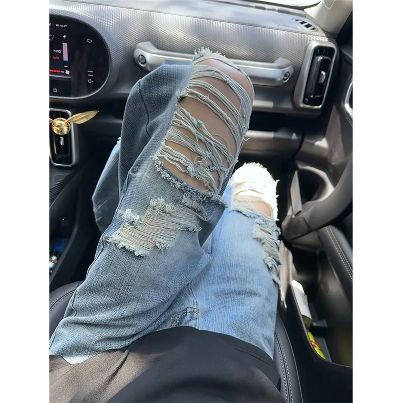 破洞牛仔裤男款夏季薄款潮牌休闲裤情侣装高级感痞帅显瘦微喇裤子