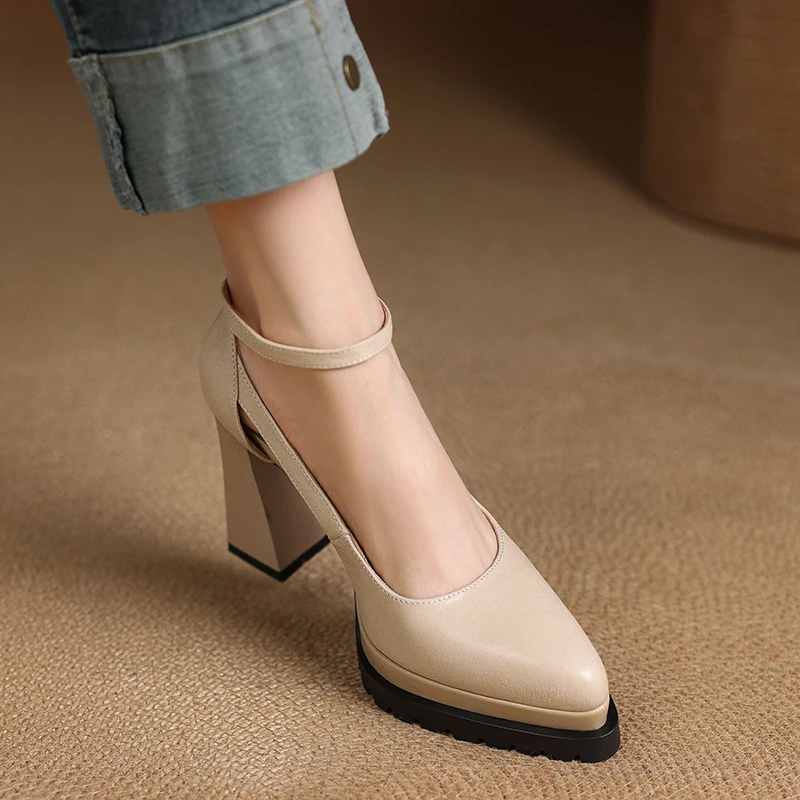 小个子手工女鞋10.5cm~尖头浅口粗跟单鞋女不累脚高跟鞋舒适百搭