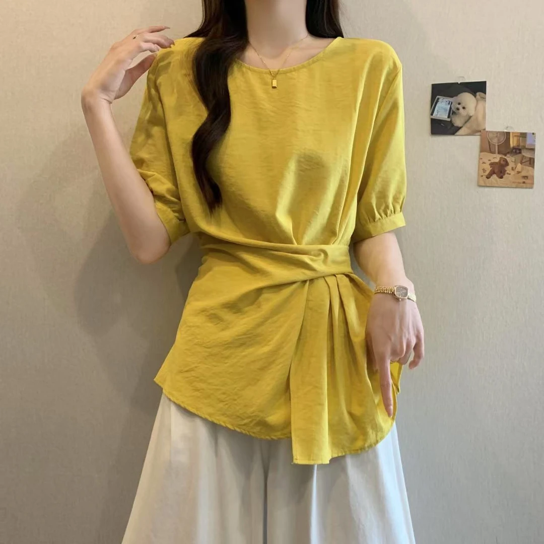 别致独特黄色短袖衬衫2025夏季新款大码女装胖mm收腰遮肚小衫上衣