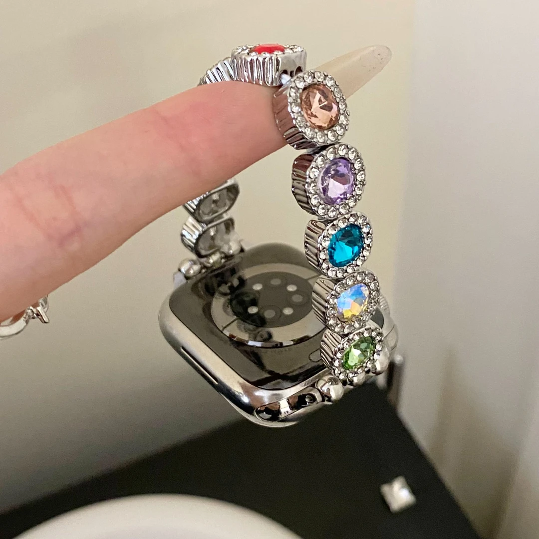 适用ApplewatchS9女SE苹果手表iwatchS10高级S8方糖彩钻弹力7表带