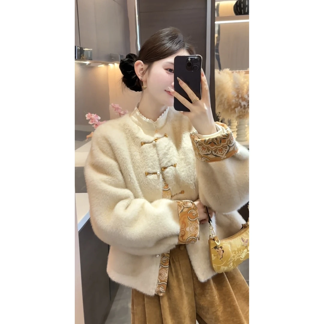 【周粥】【绫罗】2025冬季新款新中式加绒加厚盘扣毛毛外套JJQ5WT5248
