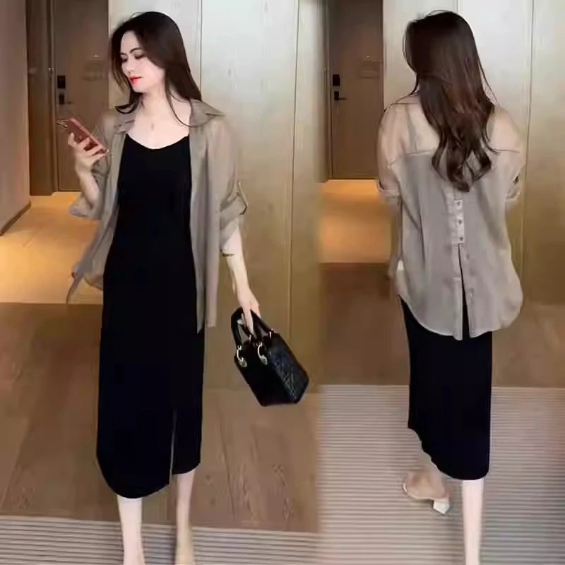 防晒衬衫吊带裙套装女2025夏季新款时尚洋气质宽松减龄薄款两件套