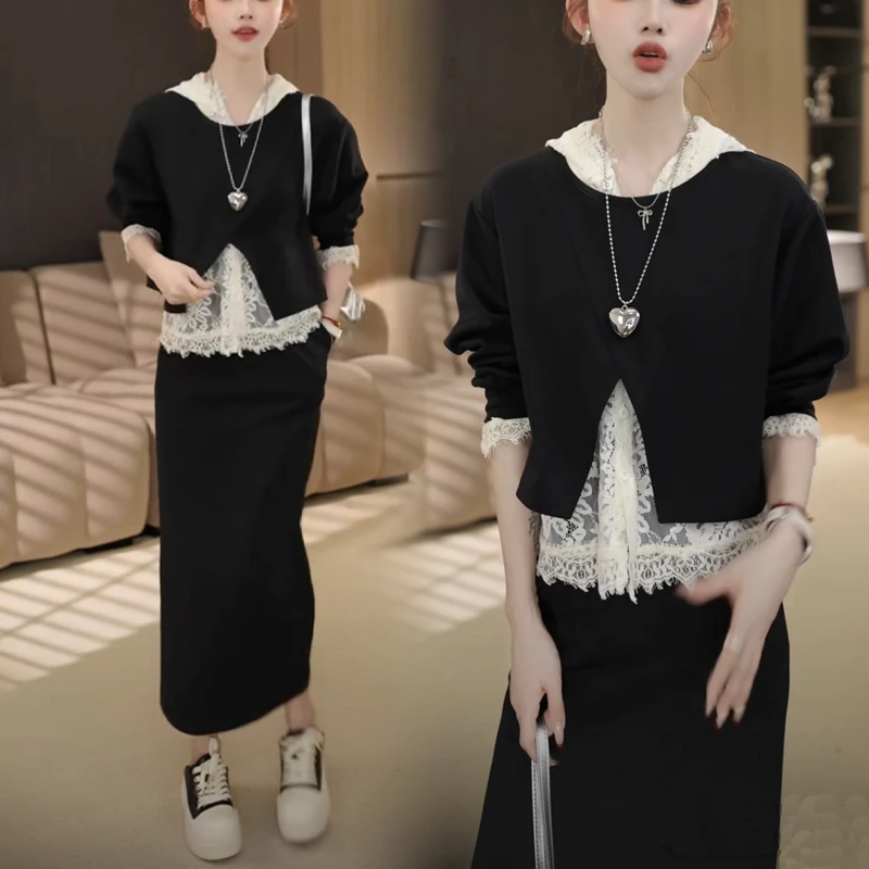 2025春季新款韩系慵懒通勤蕾丝连帽后背开叉减龄裙装三件套套装