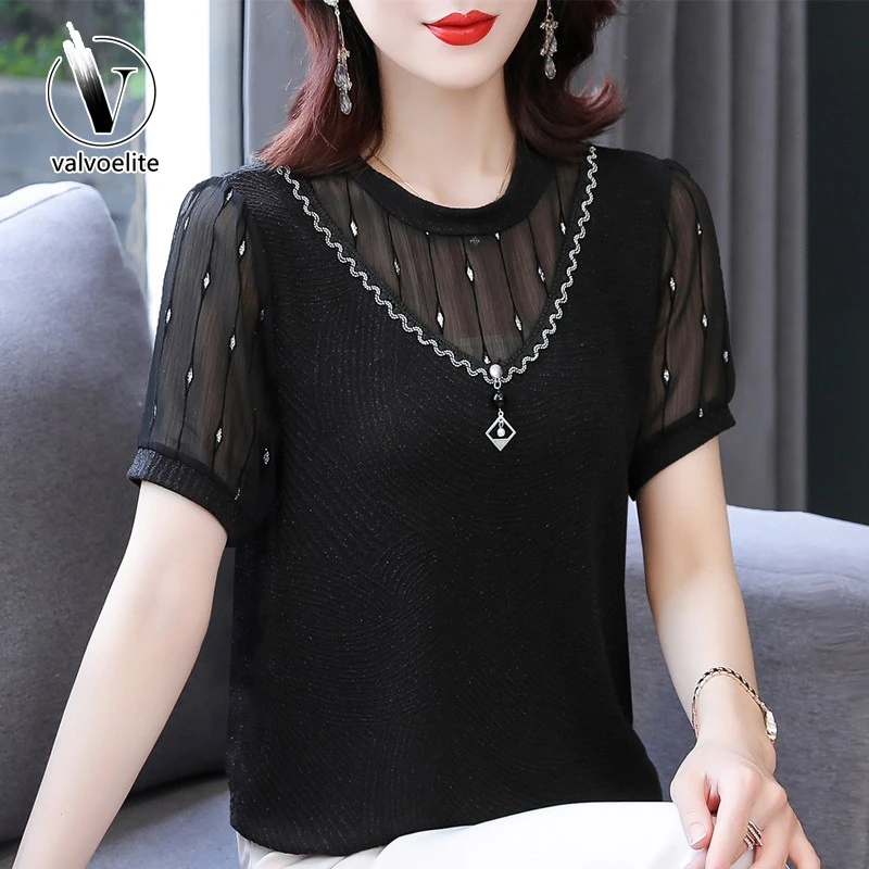 VALVOELITE夏装漂亮网纱短袖t恤女中年时中老年国风遮肚针织小衫