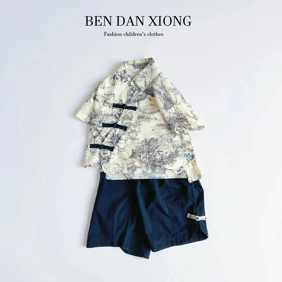 【现货】 儿童夏季斜领满印水墨画盘扣套装夏季国风套装8250吱