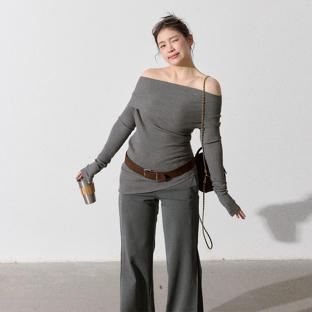 张大人【无束奇想】大码女装微胖妹妹秋季露肩修身针织上衣裤子套装