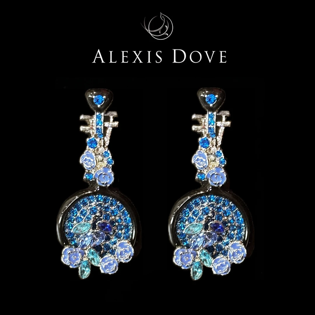 铜合金合成锆石耳饰 古典新中式满镶蓝色琵琶耳钉【乐亿】