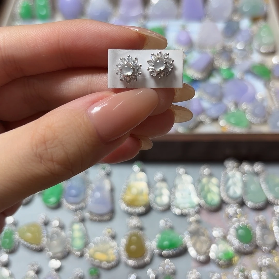 翡翠银S925镶嵌耳钉