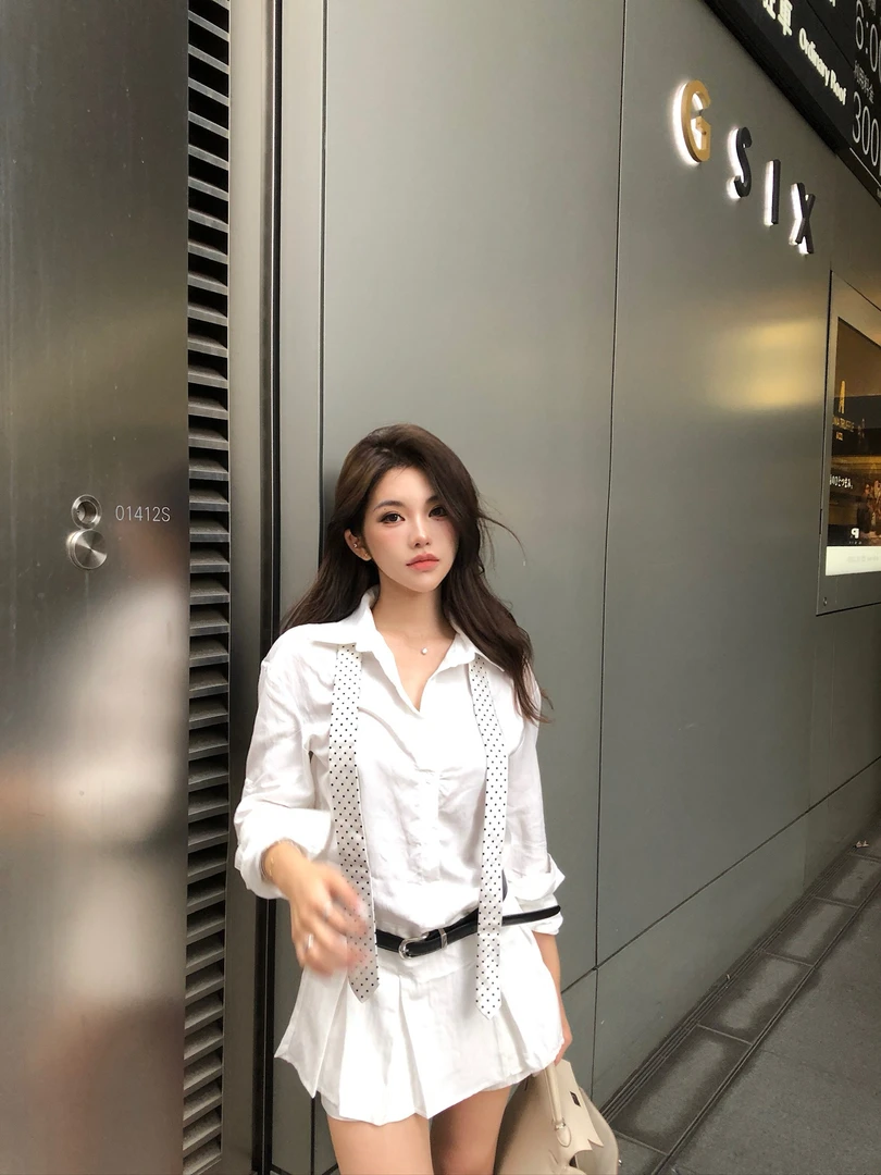 PickRui睿哥 初恋衬衫裙 白色衬衫连衣裙两件套h腰带
