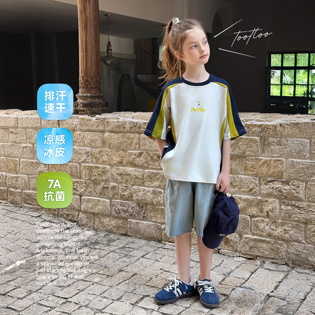 【率性】蓝小爸童装女童撞色拼接短袖夏季新款美式时尚运动T