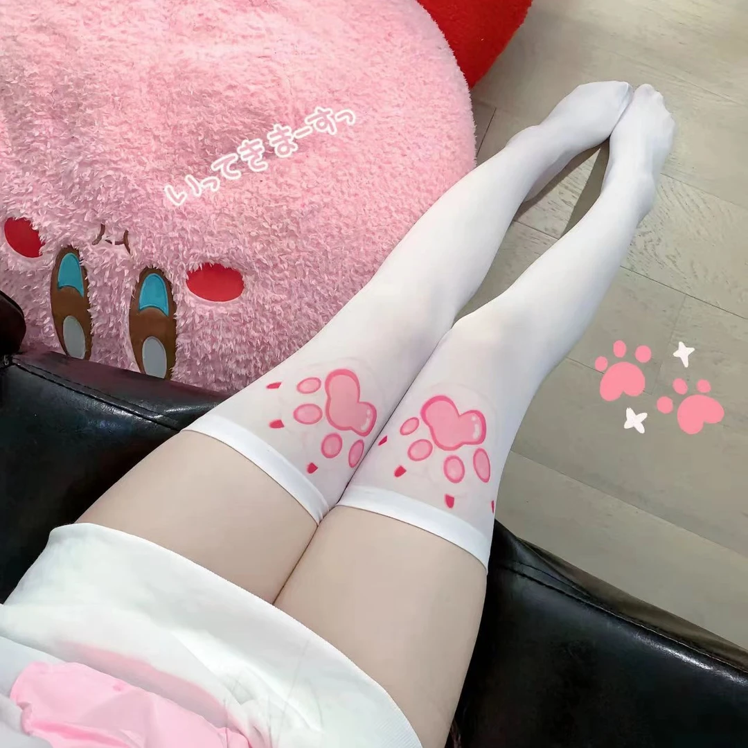 卡哇伊*猫爪纹身丝袜少女萝莉白色过膝猫爪袜丝袜女过膝袜
