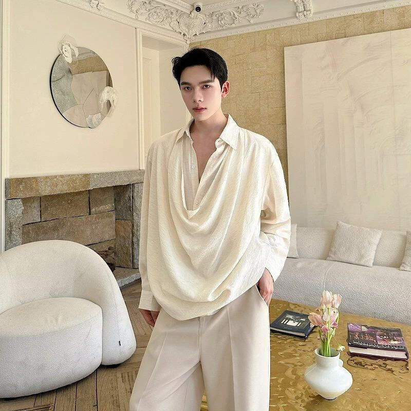 春夏高级感套头假两件不规则领衬衫男长袖韩版网红轻奢垂感衬衣潮