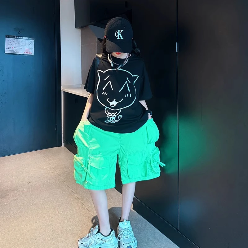 女大童夏套装2025新款女孩网红炸街工装裤夏装儿童短袖短裤酷飒风