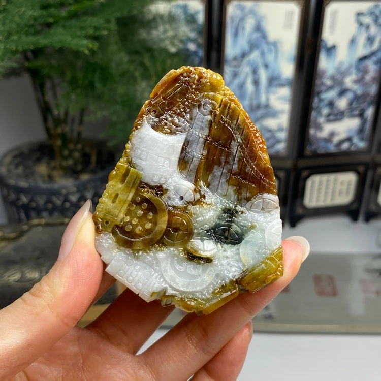 毛货  俏色红翡飘花八破八宝图挂件 天然翡翠A货