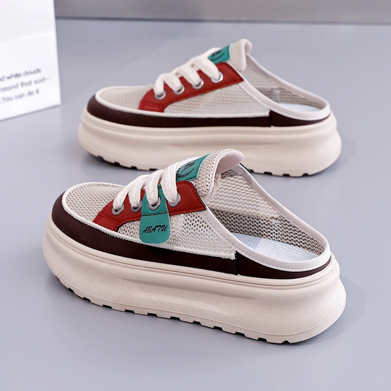 2025夏季新款百搭厚底包头外穿懒人半拖鞋女鞋夏款透气网面凉拖鞋