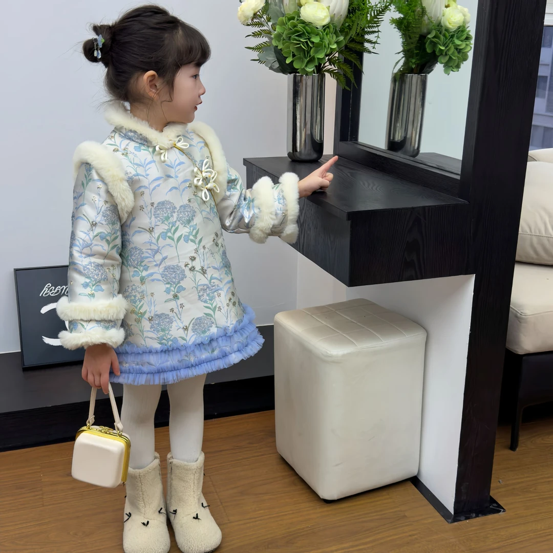 MOMOCO冬季女童中式裙花边国风蓝城旧事夹棉连衣裙75830471015